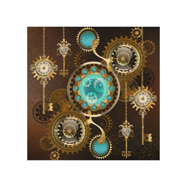 Steampunk Rusty Background with Turquoise Lenses Wood Wall Art (Front)