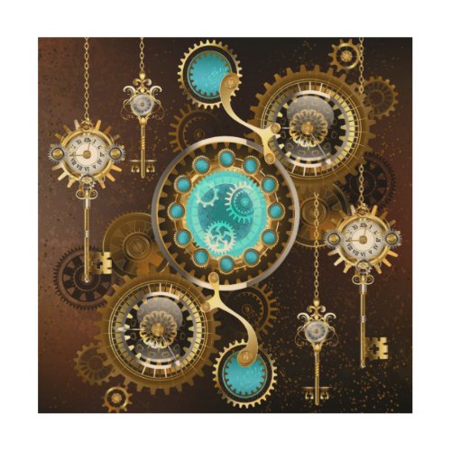 Steampunk Rusty Background with Turquoise Lenses Wood Wall Art