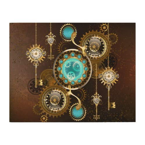 Steampunk Rusty Background with Turquoise Lenses Wood Wall Art