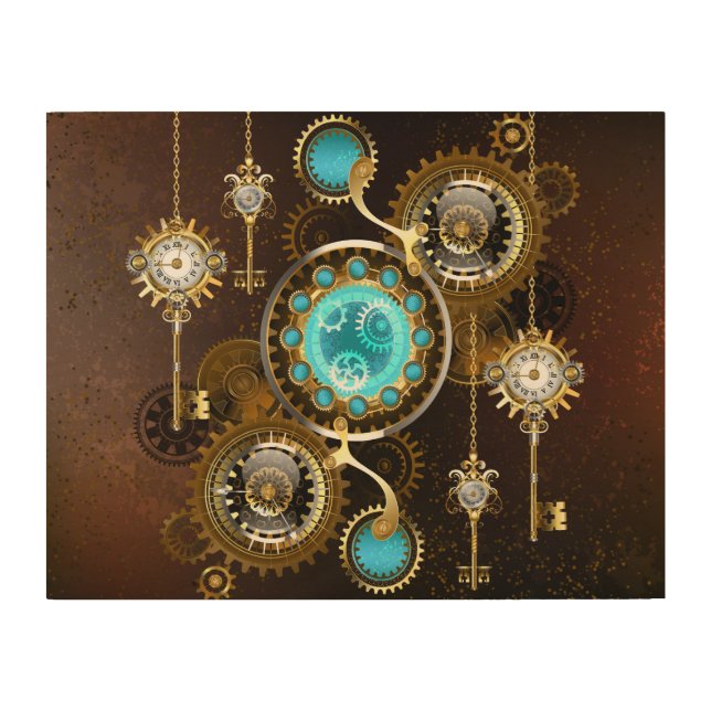 Steampunk Rusty Background with Turquoise Lenses Wood Wall Art (Front)