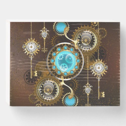 Steampunk Rusty Background with Turquoise Lenses Wooden Box Sign