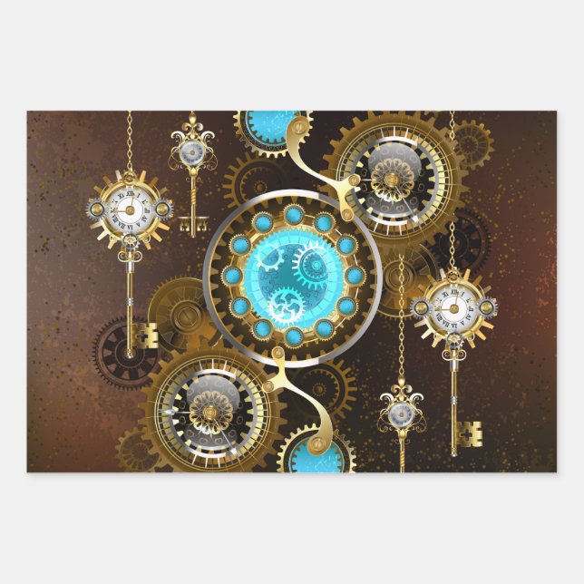Steampunk Rusty Background with Turquoise Lenses Wrapping Paper Sheets (Front)