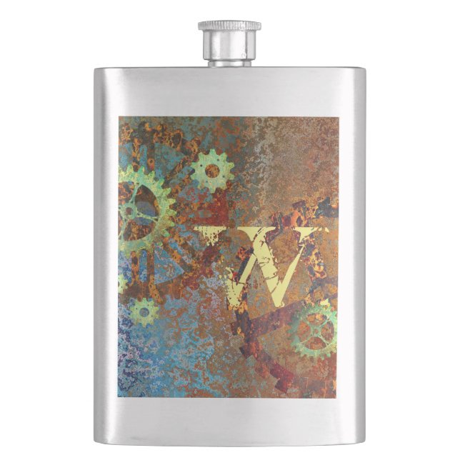 Steampunk Rusty Clockwork Gears  Flask (Front)