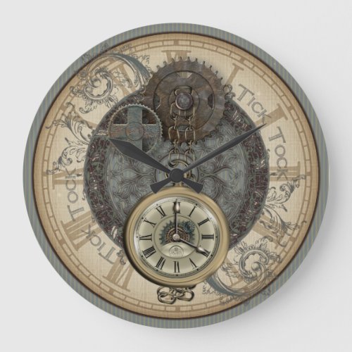 Steampunk Rusty Cogs And Pocket Watch Illustration Large Clock