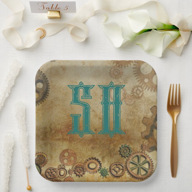 Steampunk Rusty Gears Birthday Age Paper Plates (Wedding)