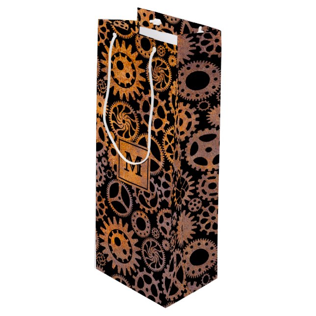 Steampunk Rusty Gears Custom Monogram Block Wine Gift Bag (Front Angled)