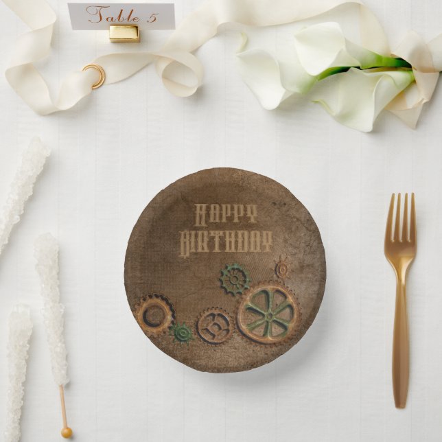Steampunk Rusty Gears Happy Birthday Paper Plates Paper Bowls (Wedding)