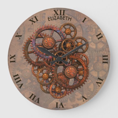 Steampunk Rusty Metal Gears With Shadows Large Clock