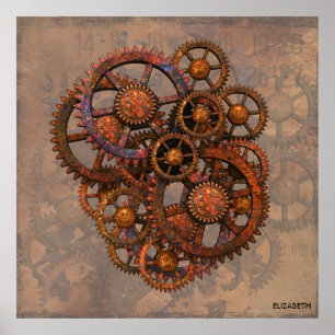 Steampunk Rusty Metal Gears With Shadows Poster