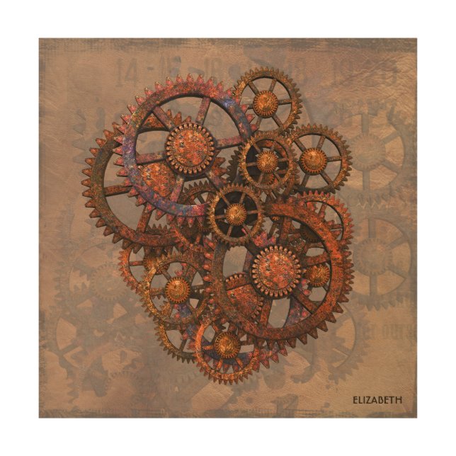 Steampunk Rusty Metal Gears With Shadows Wood Wall Art (Front)