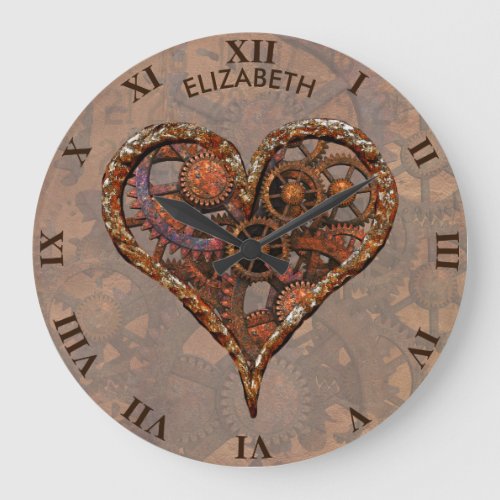 Steampunk Rusty Vintage Heart From Metal Gears Large Clock