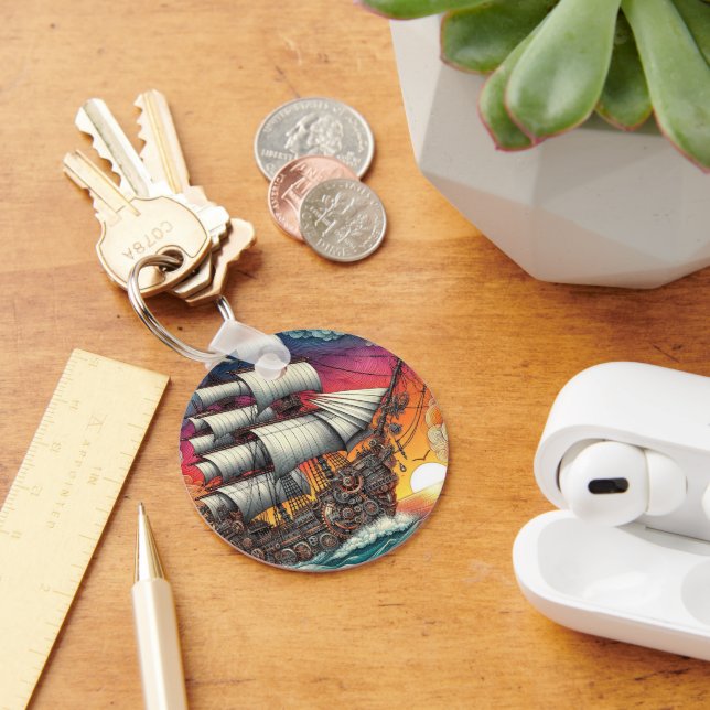 STEAMPUNK SAILING SHIP SUNSET KEYCHAIN (Desk)