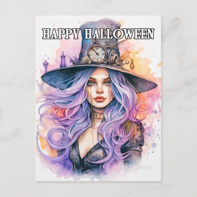 Steampunk Salem Witch Happy Halloween Postcard (Front)