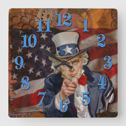 Steampunk Sam Patriotic US Flag Design Square Wall Clock