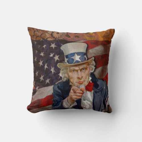 Steampunk Sam Patriotic US Flag Design Throw Pillow