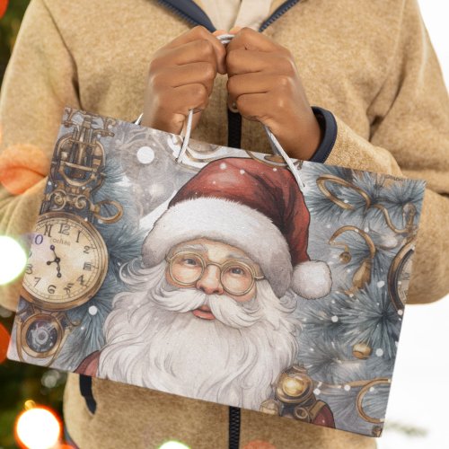 Steampunk Santa Claus Clock Work and Snowy Trees Large Gift Bag