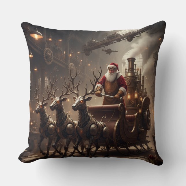 Steampunk Santa's steam sleigh ride Throw Pillow (Front)