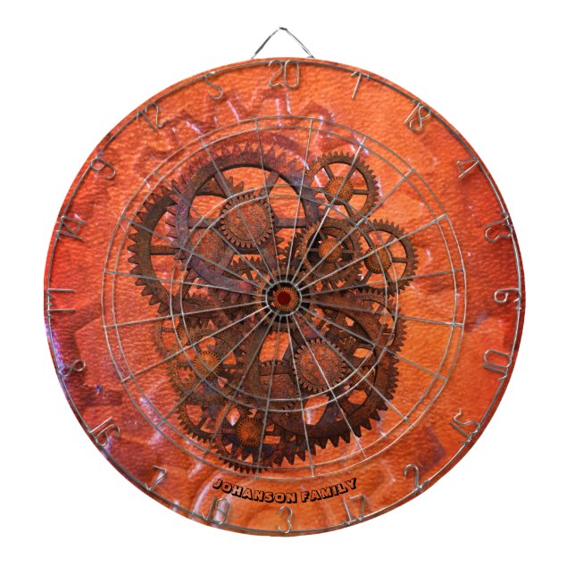 Steampunk Scifi Gears Orange 19th Century Machine Dart Board (Front)