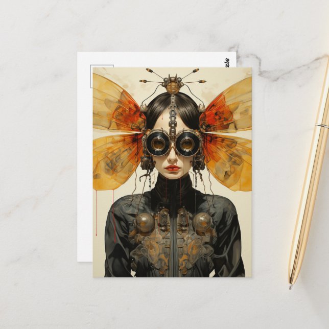 Steampunk Scifi Insect Woman Postcard (Front/Back In Situ)