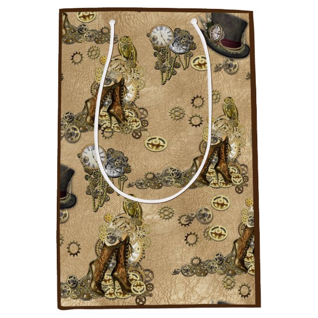 Steampunk Sculptures on Tan Leather Texture Medium Gift Bag (Front)
