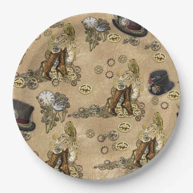 Steampunk Sculptures on Tan Leather Texture Paper Plates (Front)