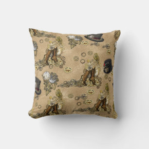 Steampunk Sculptures on Tan Leather Texture Throw Pillow