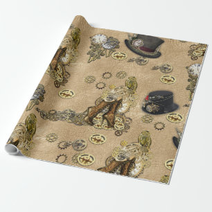 Steampunk Sculptures on Tan Leather Texture Wrapping Paper