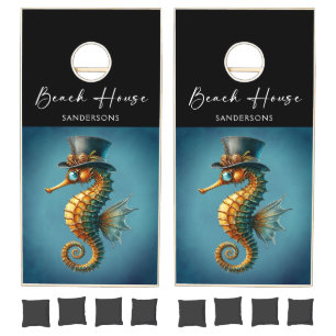 Steampunk Seahorse Beach House Personalized Cornhole Set