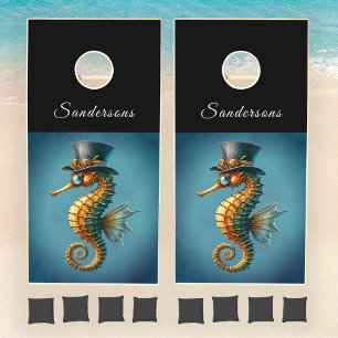 Steampunk Seahorse Teal Watercolor Personalized Cornhole Set