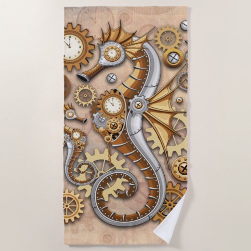 Steampunk Seahorse Vintage Surreal Art  Beach Towel