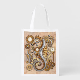 Steampunk Seahorse Vintage Surreal Art Grocery Bag