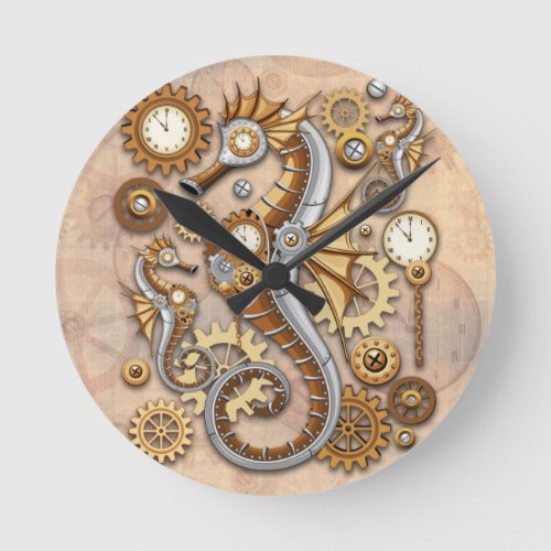 Steampunk Seahorse Vintage Surreal Art   Round Clock