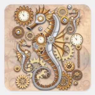 Steampunk Seahorse Vintage Surreal Art Square Sticker