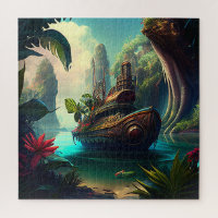 Steampunk ship in a jungle magic realism -  IA art Jigsaw Puzzle