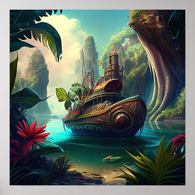 Steampunk ship in a jungle magic realism -  IA art Poster (Front)
