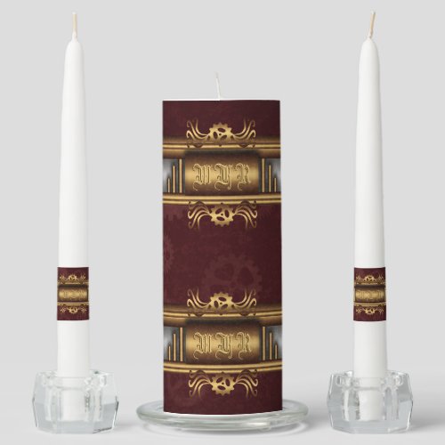 Steampunk, silver, brass and marroon with monogram unity candle set