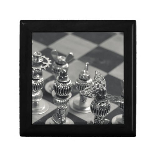 Steampunk Silver Chess Figure Pieces Keepsake Box