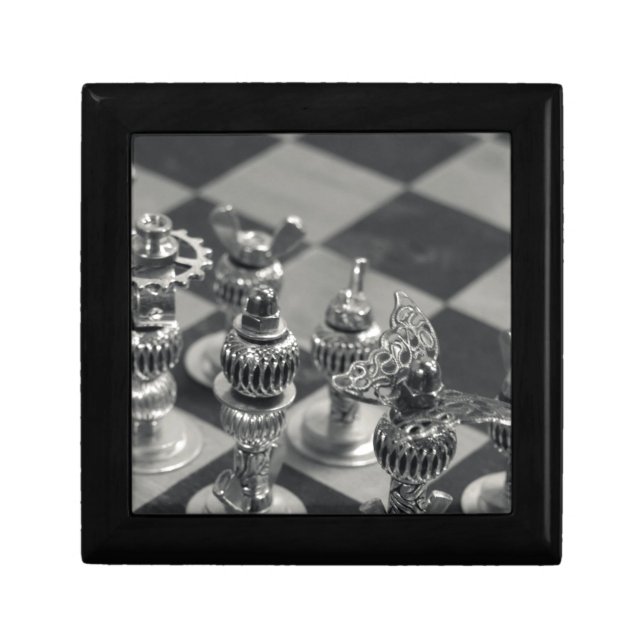 Steampunk Silver Chess Figure Pieces Keepsake Box (Front)