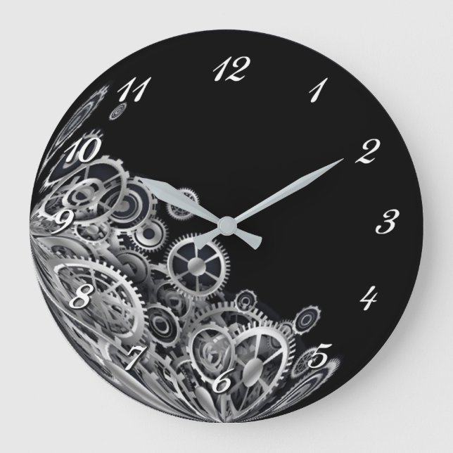 Steampunk Silver Gears Round Wall Clock (Front)