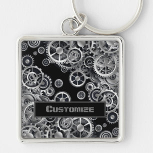 Steampunk Silver Gears Square Key Chain