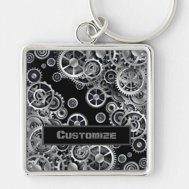 Steampunk Silver Gears Square Key Chain (Front)
