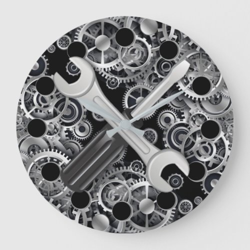 Steampunk Silver Gears  Tools Round Wall Clock