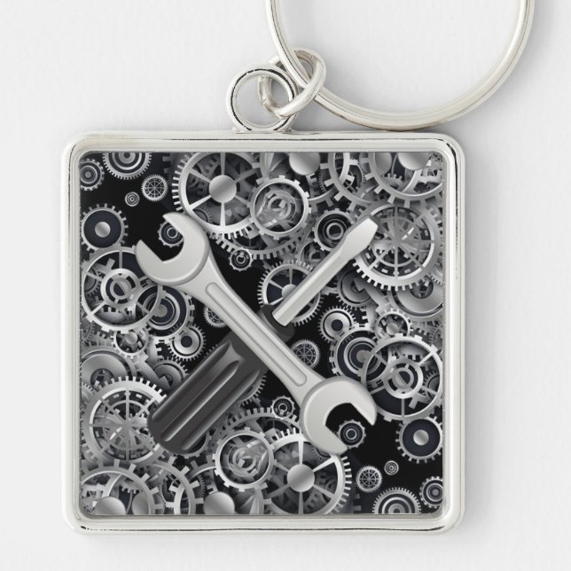 Steampunk Silver Gears & Tools Square Key Chain (Front)