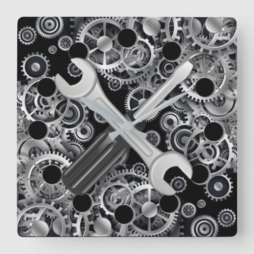 Steampunk Silver Gears  Tools Square Wall Clock