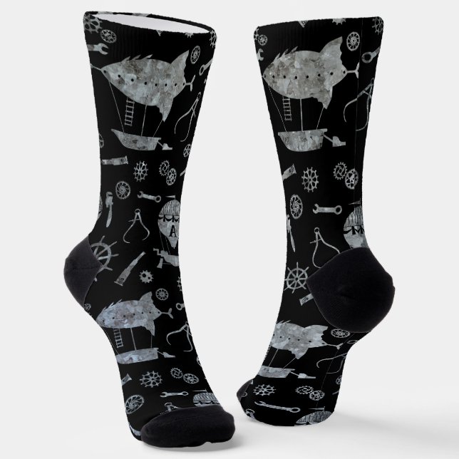 Steampunk Silver Zinc Airships Subtly Monogrammed Socks (Angled)