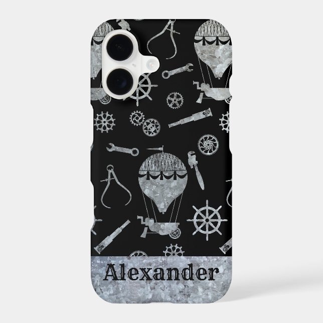 Steampunk Silver Zinc Ballooning Theme Custom Name Iphone Case (Back)