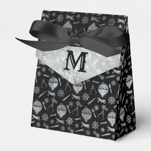 Steampunk Silver Zinc Balloons Custom Monogram Favor Boxes (Front Side)
