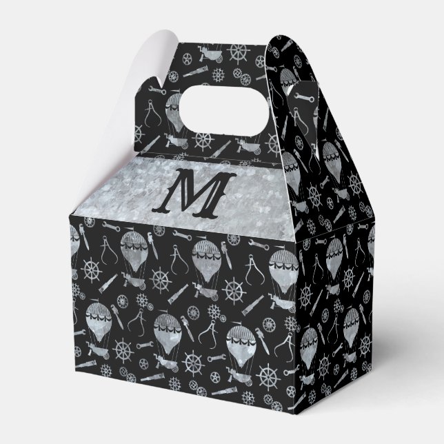 Steampunk Silver Zinc Balloons Monogram Gable Favor Boxes (Front Side)