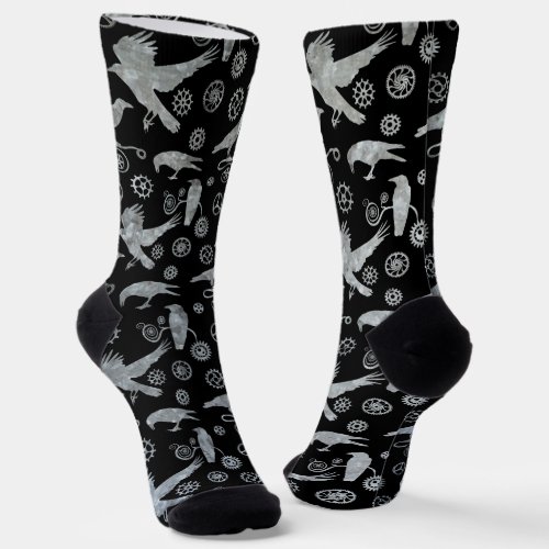 Steampunk Silver Zinc Crows and Gears Socks