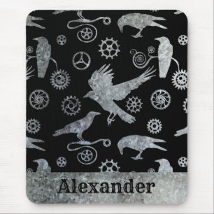 Steampunk Silver Zinc Gears and Crows Custom Name Mouse Pad